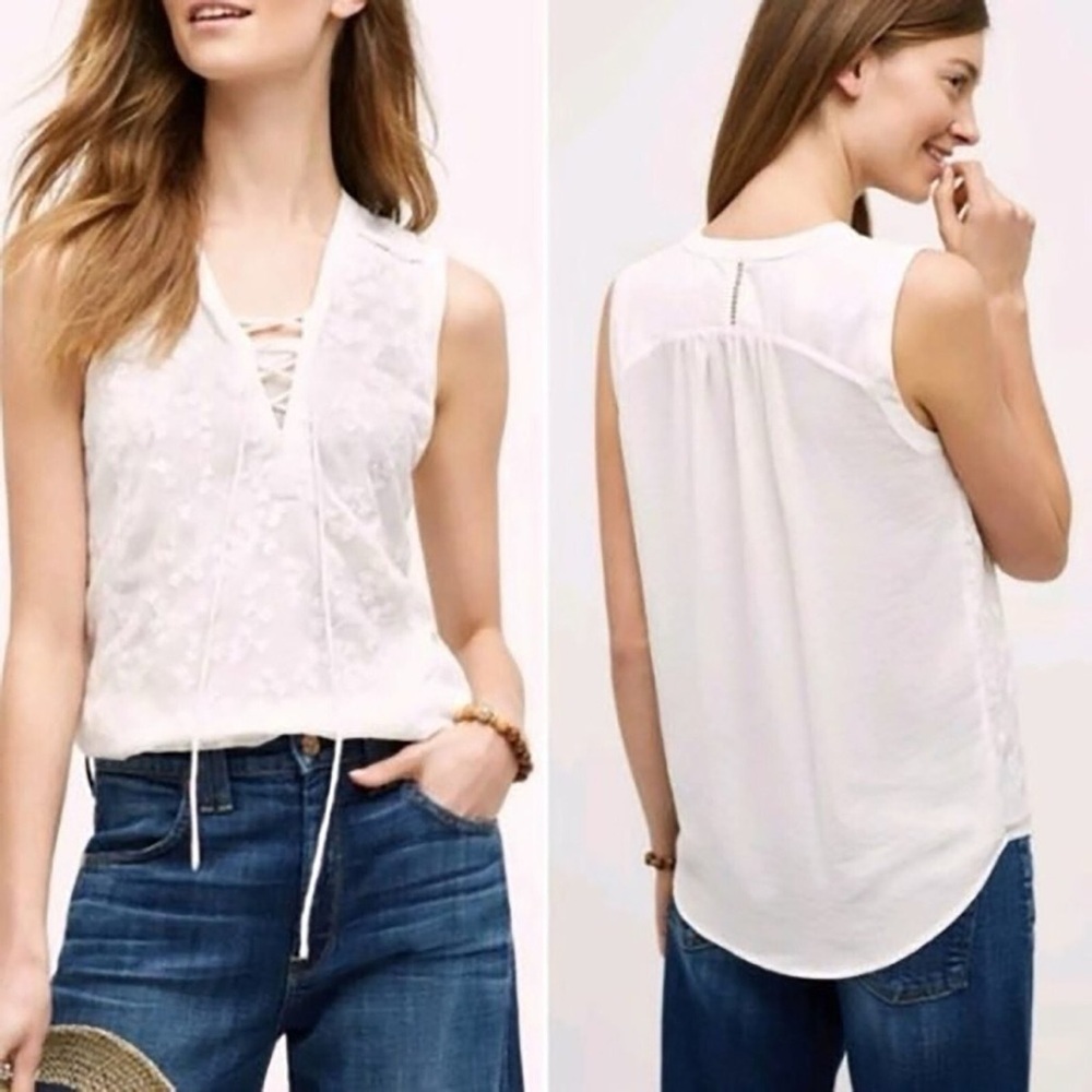 Anthropologie Maeve White Floral Embroidered Lace Up Sleeveless Blouse Size 6